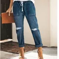Stylish distressed straight leg denim pants with a comfortable drawstring waist for women. - S / Bottoms / Dark Blue