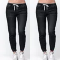 Women's plus size black denim joggers with elastic waist and white drawstring detail - S / Bottoms / Black
