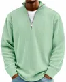 Detailed view of the sage green ribbed fabric and quarter-zip collar on this men's sweater. - S / Tops / Green