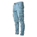Men's slim fit light blue denim cargo pants with elastic multi-pocket utility design - S / Bottoms / Light Blue