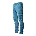 Slim fit men's denim cargo pants with multi-pocket design and elastic fabric in light blue. - S / Bottoms / Dark Blue