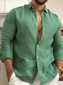 Detailed texture of men's green cotton linen casual long sleeve button-down shirt - S / Tops / Verdant