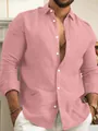 Close-up view of a men's casual pink cotton linen long-sleeve shirt with buttons - S / Tops / Pink