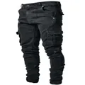 Men's slim fit black cargo jeans with multiple pockets and stretch denim fabric - S / Bottoms / Black