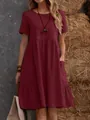 Casual bordeauxrood katoen-linnen jurk met zakken en ronde hals voor de zomer. - S / Bottoms / Bordeauxrood