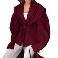 Chaqueta blazer burdeos de gran tamaño para mujer con cinturón de lazo y cuello de solapa - Burdeos