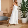 Elegant white backless maxi dress for women shown in a natural home interior setting - S / Top And Bottom / White