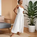 Elegant white backless maxi dress for women shown in a natural home interior setting - S / Top And Bottom / White