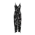 Stylish black jumpsuit featuring white floral print, V-neckline and adjustable waist tie - 3XL / Set / Printed Black