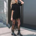 Stylish casual black short sleeve t-shirt dress with elegant long lace patchwork hem. - S / Black