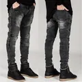 Men's slim fit black biker jeans with pleated knee details and acid wash finish. - 29 (30.3 Inch) / Bottoms / Gray (3801)