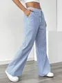 Side view detail of blue and white striped casual wide-leg pants with drawstring waist - S / Bottoms / Blue