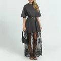 Casual plus size grey t-shirt dress featuring a long black floral lace patchwork hem - S / Gray