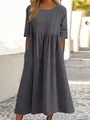 Detail view of round neck cotton linen maxi dress with five-point sleeves and pockets - 4XL / Gray