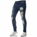 Men's blue distressed skinny jeans with heavy ripped details in a slim fit style - S / Bottoms / 1082 Dark Blue