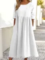 Casual white cotton linen maxi dress featuring a round neck and convenient pockets - S / White