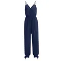 Front view of navy blue V-neck sleeveless jumpsuit with waist tie and ankle bows - S / Set / Navy Blue