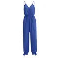 Front view of royal blue sleeveless V-neck jumpsuit with waist drawstring and tied cuffs - S / Set / Royal Blue