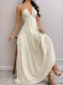 Full view of a chic cream halter neck maxi dress with tiered skirt for summer vacation. - S / Tops / Apricot
