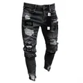 Men's slim-fit ripped grey jeans featuring decorative patches and distressed details. - S / Bottoms / Gray
