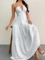 Elegant white halter backless maxi dress with tiered skirt for summer beach vacation - S / Tops / White
