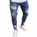 Men's slim-fit ripped jeans in light blue denim featuring decorative military badge patches - S / Bottom (805) / Blue