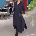 Detail of stylish black long sleeve shirt dress with elegant pleated design for autumn - S / Top And Bottom / Black