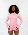 Pink leopard print two-piece sports set with long sleeve zip top and tight shorts - S / Top And Bottom / Long Sleeve / Pink