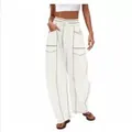 Weite Damen-Hose mit Kordelzug und kontrastierenden Nähten in lässiger Passform. - Weiß