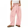 Damen Weitbeinhose in Rosa mit Kordelzug, lockere und bequeme Sommer Freizeithose - Rosa