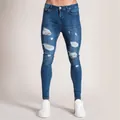 Fashionable men's blue distressed skinny jeans with ripped detailing and elastic fit - S / Bottoms / Dark Blue