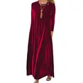 Elegante vestido largo de terciopelo burdeos con manga larga y cuello redondo de mujer - S / Top Y Pantalón / Burdeos