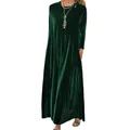 Elegante vestido largo de terciopelo verde oscuro de manga larga con cuello redondo y corte A - S / Bottoms / Verde Oscuro