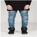 Men's slim fit blue biker denim jeans featuring ribbed knee panels and tapered leg - S / Bottoms / 3801 Blue