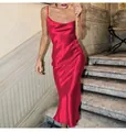 Elegant red satin cowl neck slip midi dress for women sexy evening party gown style - S / Bottoms / Red