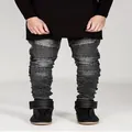 Men's charcoal grey slim-fit biker jeans with distressed acid wash and pleated panels. - S / Bottom (3801) / Gray