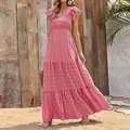 Pink floral print V-neck high waist tiered short sleeve maxi dress for women - S / Red