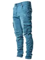 Men's slim-fit blue distressed cargo denim jeans with side pockets and tapered legs - S / Bottoms / 3806 Dark Blue