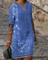 Close-up detail of blue ethnic floral print casual V-neck midi dress for women - S / Blue