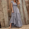 Boho blue floral print tiered maxi dress with V-neck and ruffle flutter sleeves - S / Gray