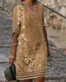 Casual vintage ethnic floral print midi dress with a V-neck and boho style detail - S / Khaki