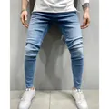 Fashionable men's slim fit skinny jeans in light blue washed denim fabric for casual wear - S / Bottoms / Light Blue