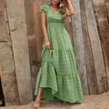 Elegant green floral print tiered maxi dress with V-neck and ruffled sleeves for women - S / Green