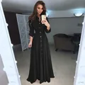 Elegant urban black long-sleeved chiffon maxi dress with buttons and waist tie detail - Black
