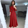 Elegant red chiffon long sleeve maxi dress with button-down front and waist belt detail - S / Bottoms / Red