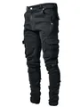 Professional black men's skinny cargo denim pants with unique stacked ankle design and pockets - S / Bottoms / 3806 Black
