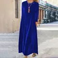 Κομψό μπλε βελούδινο μάξι φόρεμα σε γραμμή Α με στρογγυλή λαιμόκοψη για την άνοιξη - S / Τοπ Και Παντελόνι / Μπλε