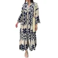 Detailed view of an elegant bohemian printed shirt maxi dress with geometric patterns and tiered skirt - S / Tops / Blue