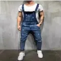 Slim-fit blue distressed denim overalls for men with ripped details and whiskers - S / Bottoms / 207 Blue (Stretch)