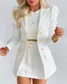 Elegant white two-piece fashion blazer and mini skirt set with decorative gold buttons - S / Top And Bottom / White